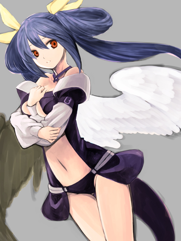 asymmetrical_wings, bare_shoulders, blue_hair, bow, breasts, choker, dizzy, grey_background, guilty_gear, hair_bow, kishiro_(michiko), long_hair, navel, red_eyes, simple_background, solo, tail, twintails, under_boob, underboob, wings