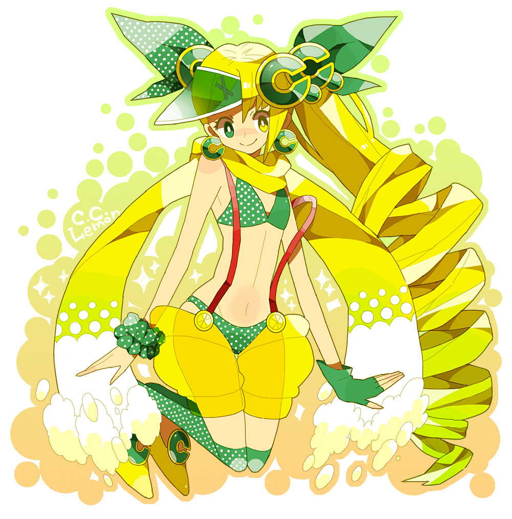 bikini, blonde_hair, bow, c.c._lemon, c.c._lemon_(character), drill_hair, earrings, fingerless_gloves, floaties, gloves, gradient_hair, green_bikini, green_eyes, green_legwear, hair_bow, hair_ornament, hairclip, heterochromia, jewelry, kneeling, long_hair, looking_at_viewer, mochi730, multicolored_hair, navel, polka_dot, polka_dot_bikini, polka_dot_legwear, polka_dot_swimsuit, ponytail, scarf, scrunchie, side_ponytail, simple_background, single_glove, solo, suspenders, swimsuit, thigh-highs, thighhighs, very_long_hair, visor_cap, white_background, yellow_eyes