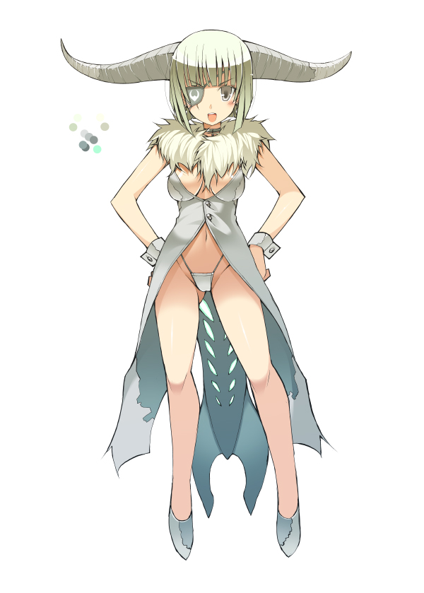 bangs, bare_legs, blonde_hair, blunt_bangs, breasts, capcom, ceadeus, eyepatch, grey_eyes, hands_on_hips, horns, long_coat, monster_girl, monster_hunter, mound_of_venus, navel, no_pants, oota_yuuichi, open_mouth, panties, personification, short_hair, simple_background, sleeveless, solo, tail, thong, underwear, wrist_cuffs