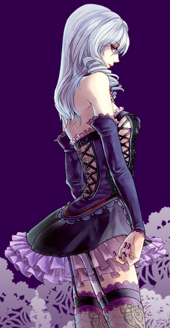 back, bare_shoulders, breasts, corset, detached_sleeves, drill_hair, fingernails, frilled_skirt