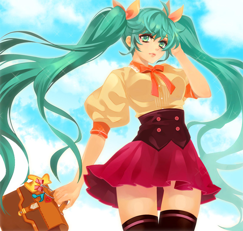 aqua_eyes, aqua_hair, bag, bookbag, chie_(mizzkoko), hair_ribbon, hatsune_miku, long_hair