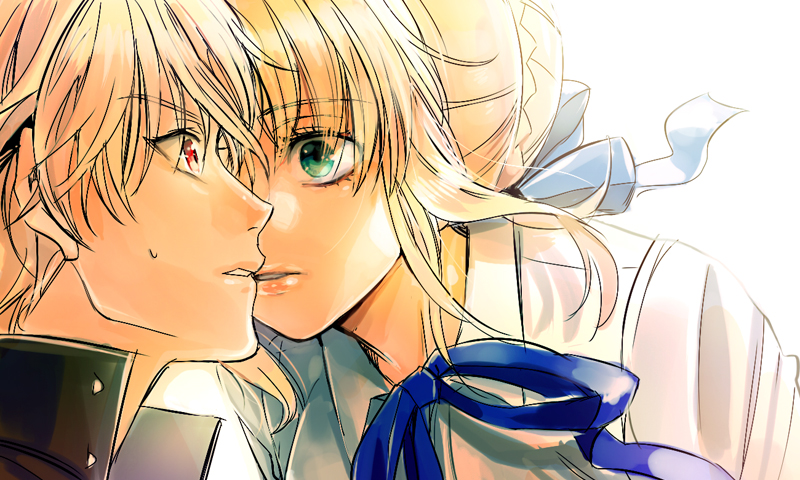 1girl, arnoul, blonde_hair, casual, cheek_kiss, close-up, eyelashes, fate/stay_night, fate_(series), gilgamesh, green_eyes, hair_ribbon, kiss, lips, red_eyes, ribbon, saber