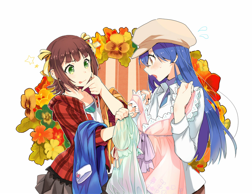 :q, amami_haruka, bad_id, blue_hair, blush, brown_hair, cabbie_hat, clothes_in_front