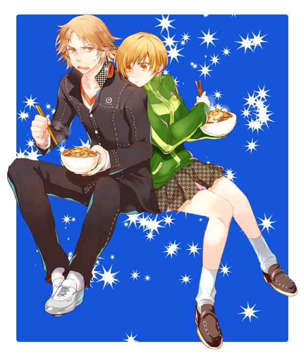 1girl, :t, bad_id, blue_background, bob_cut, bowl, brown_eyes, brown_hair, chopsticks, cotoro56, food, gyuudon, hanamura_yousuke, headphones, headphones_around_neck, holding, houndstooth, knees_touching, noodles, persona, persona_4, ramen, satonaka_chie, school_uniform, shoes, short_hair, sitting, skirt, sneakers, socks, track_jacket, wavy_mouth, white_legwear