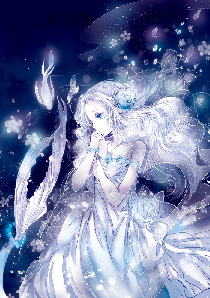 bare_shoulders, blue, blue_eyes, blue_rose, bracelet, bubble, dress, fish, flower, hair_flower, hair_ornament, hand_on_own_chest, hand_on_own_face, jewelry, koto2, long_hair, mermaid, monster_girl, necklace, original, rose, silver_hair, sleeveless, solo, strapless_dress, tears, underwater, white_dress