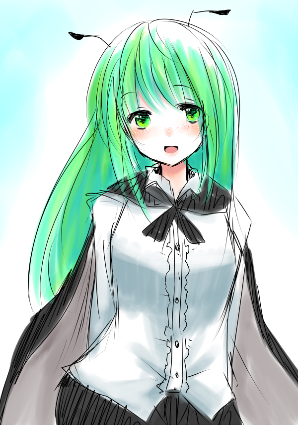 adult, alternate_hair_length, alternate_hairstyle, antennae, blouse, blush, cape, green_eyes