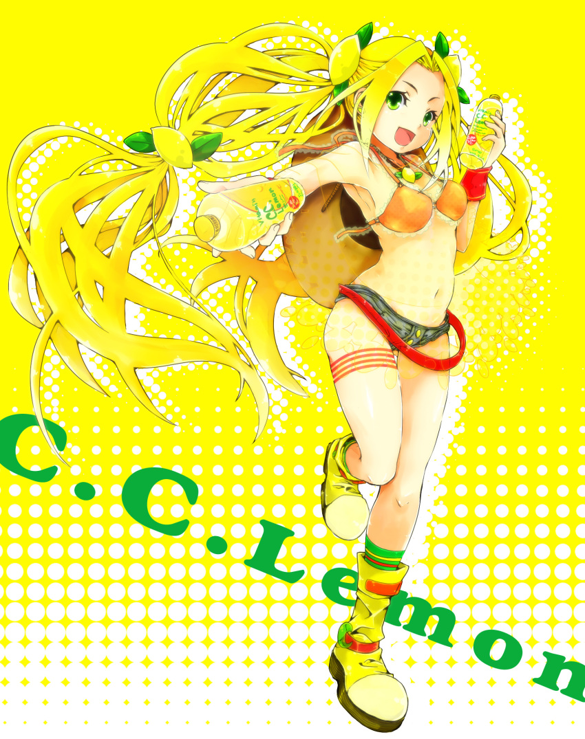 armpits, bikini_top, blonde_hair, boots, c.c._lemon, c.c._lemon_(character), food, fruit
