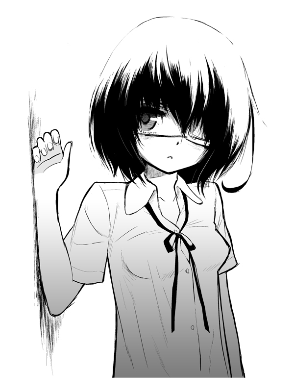 another, eyepatch, jitsudan, misaki_mei, monochrome, shirt