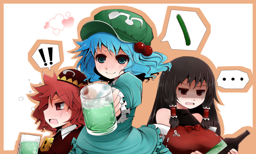 ..., 3girls, arano_oki, bare_shoulders, black_hair, blouse, blue_eyes, blue_hair
