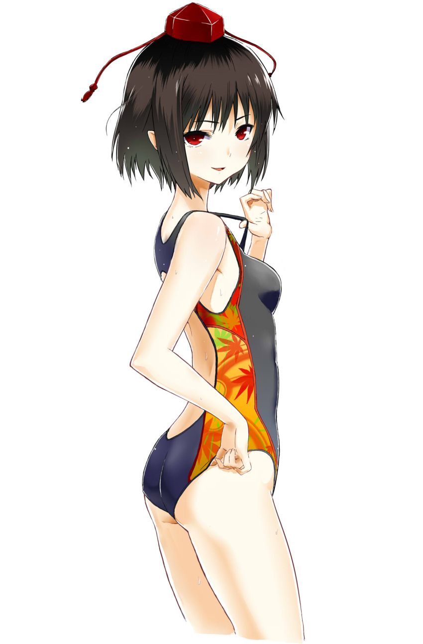 bare_shoulders, black_hair, breasts, brown_hair, competition_swimsuit, cyiell_(c1), hat, highres