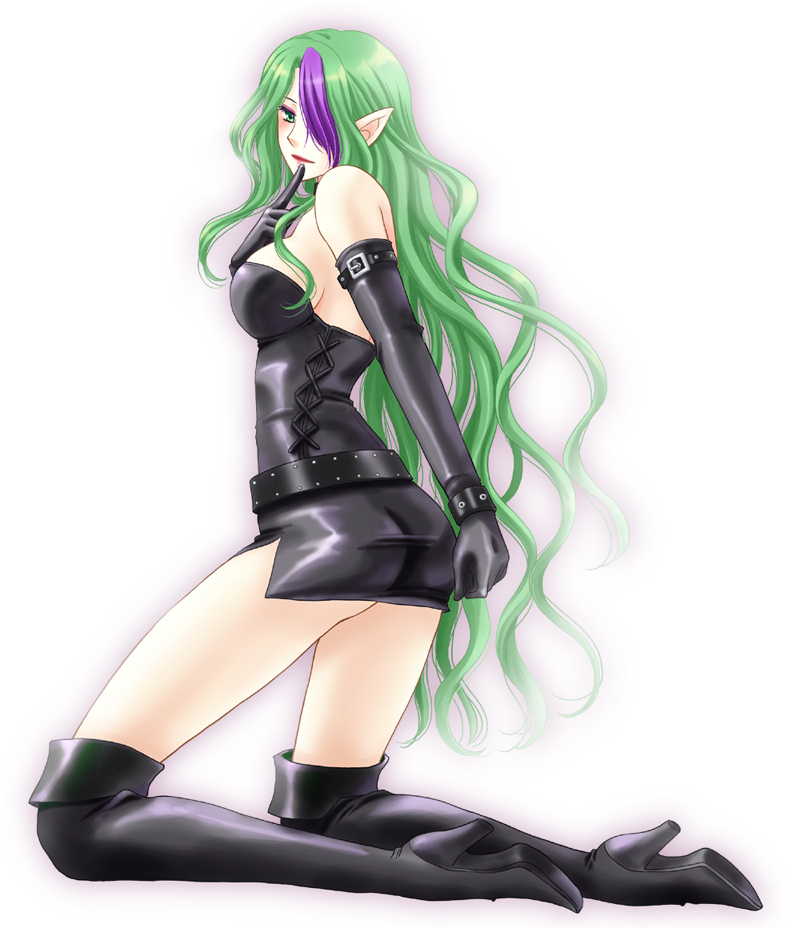 black_dress, boots, breasts, dress, elbow_gloves, elf, finger_to_chin, gloves, green_eyes, green_hair, high_heels, knee_boots, kneeling, long_hair, makeup, minidress, misery_(outer_zone), multicolored_hair, outer_zone, pointy_ears, sarasa-sasa, simple_background, thigh_boots, thighhighs, two-tone_hair, very_long_hair, wavy_hair, white_background
