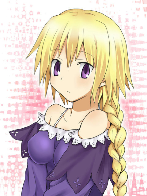 bare_shoulders, blonde_hair, braid, breasts, casual, dress, fate/apocrypha, fate_(series), hotbeans, jeanne_d'arc_(fate/apocrypha), jeanne_d'arc_(fate/apocrypha), long_hair, nahori_(hotbeans), purple_eyes, ruler_(fate/apocrypha), single_braid, solo, strap, violet_eyes