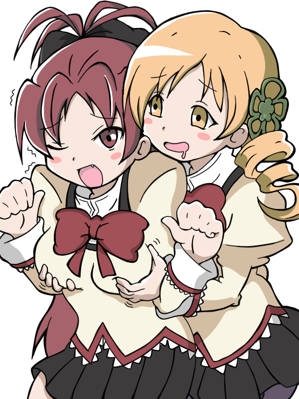 blonde_hair, blush_stickers, bow, drill_hair, fang, groping, hair_ornament, hoshino.