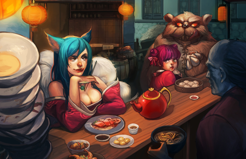 ahri, animal_ears, annie_(league_of_legends), annie_hastur, bare_shoulders, breasts, food, large_breasts