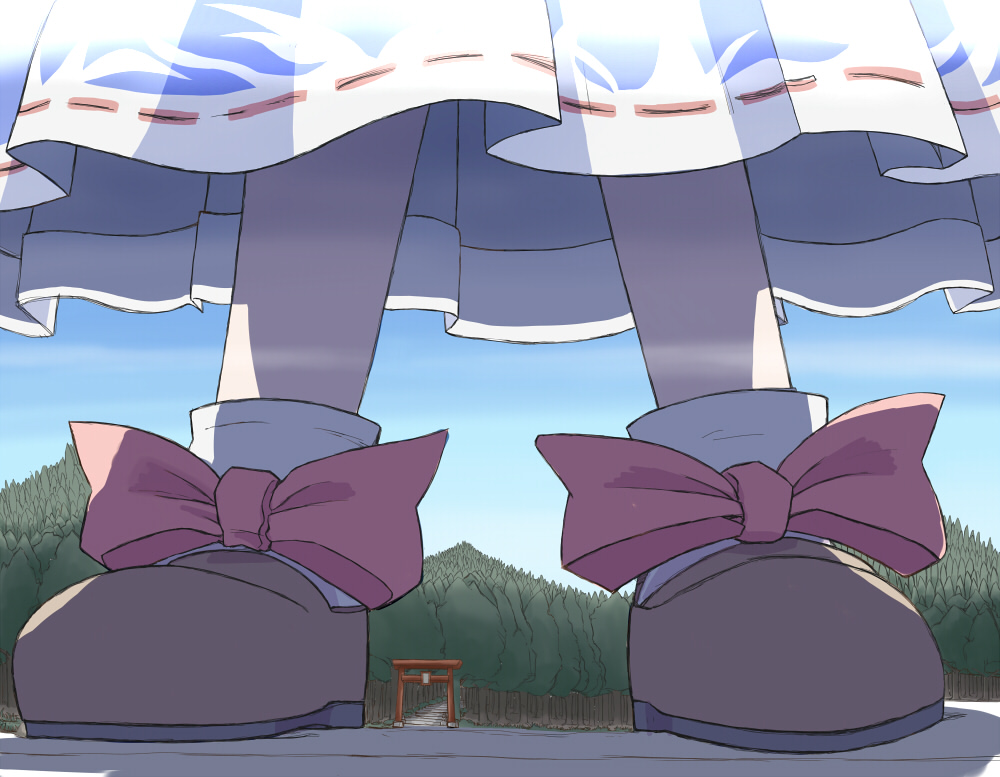 forest, giantess, head_out_of_frame, ibuki_suika, jade_(zbbc), jade_x, nature, shoes
