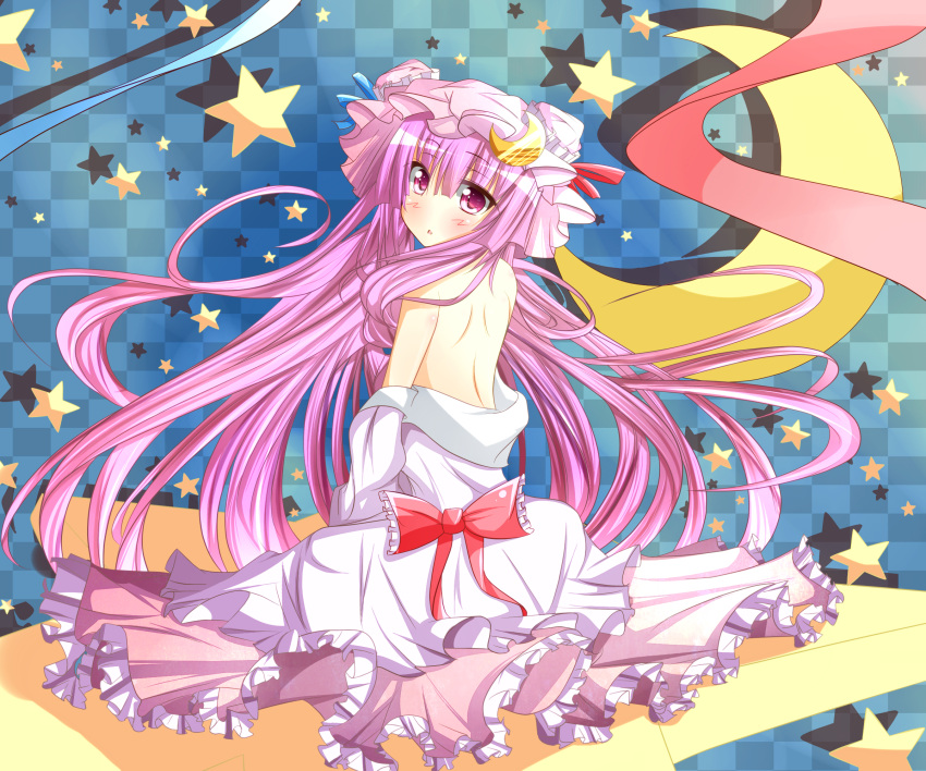 back, bare_shoulders, blush, checkered, checkered_background, crescent, ehimedaisuki, hat