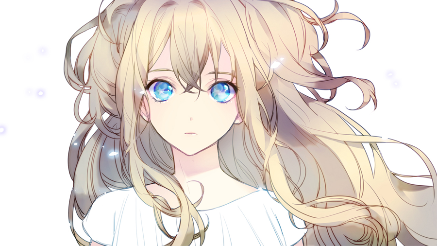 blonde_hair, blue_eyes, looking_at_viewer, seeu, shirt, simple_background, solo, star
