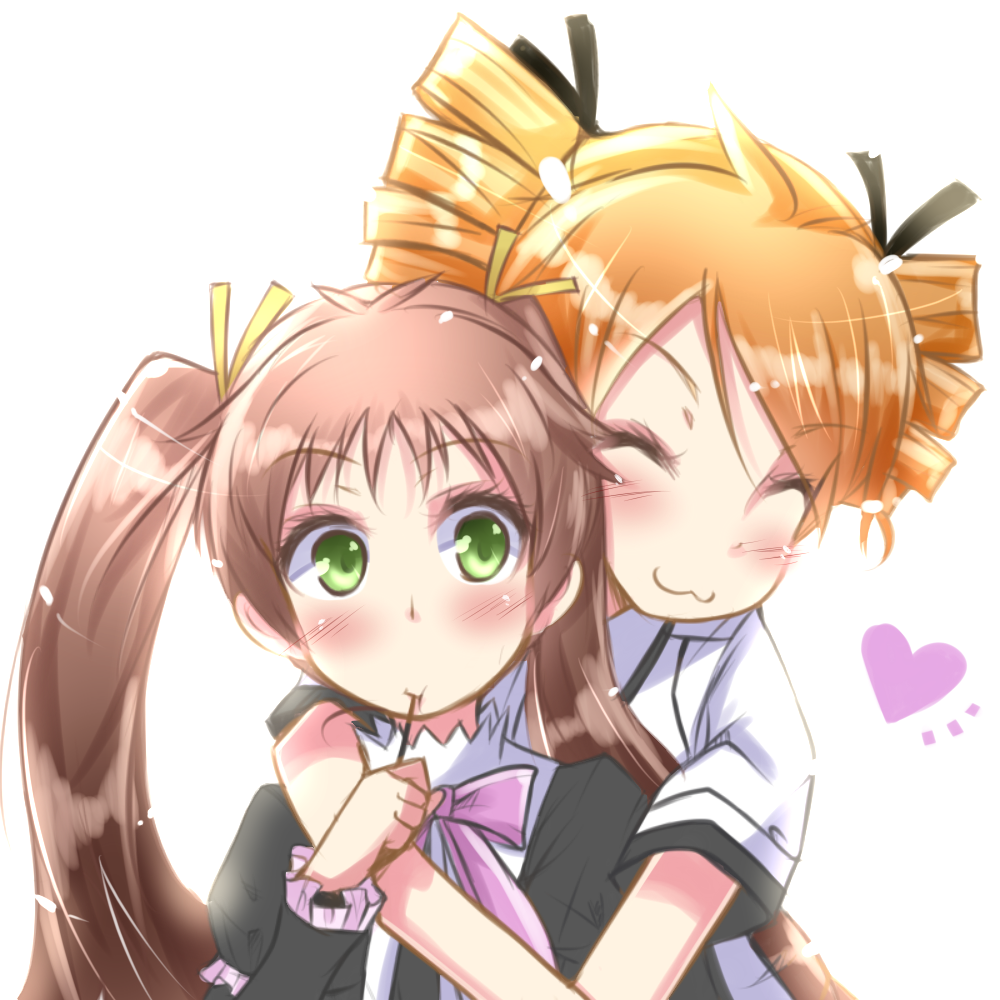 baka_to_test_to_shoukanjuu, blush, drill_hair, green_eyes, heart, hua, multiple_girls, shimada_hazuki