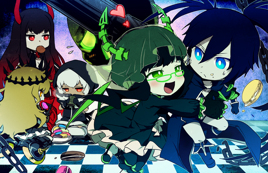 :d, black_gold_saw, black_hair, black_rock_shooter, black_rock_shooter_(character), blue_eyes, blush, chariot_(black_rock_shooter)