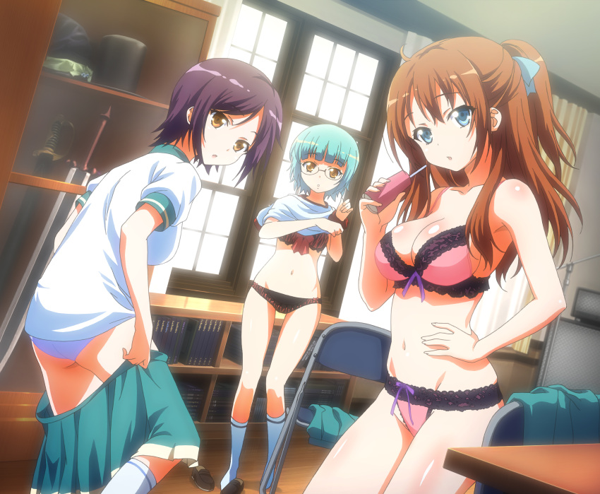 3girls, aorio, aqua_hair, artist_request, black_bra, black_panties, blue_eyes, blue_panties