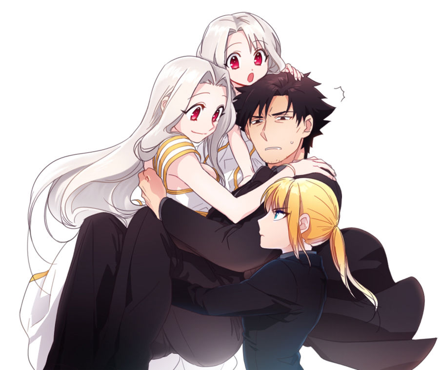 1boy, 3girls, :o, ahoge, aqua_eyes, black_eyes, black_hair, blonde_hair, carrying, child, danbi2021, dress, emiya_kiritsugu, family, fate/zero, fate_(series), father_and_daughter, formal, illyasviel_von_einzbern, irisviel_von_einzbern, long_hair, mother_and_daughter, multiple_girls, open_mouth, pink_eyes, ponytail, princess_carry, saber, short_hair, simple_background, smile, suit, very_long_hair, white_background, white_dress, white_hair