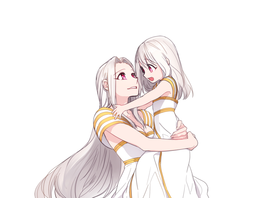 age_difference, child, danbi2021, dress, fate/zero, fate_(series), illyasviel_von_einzbern, irisviel_von_einzbern, lifting, long_hair, mother_and_daughter, multiple_girls, open_mouth, pink_eyes, simple_background, smile, very_long_hair, white_background, white_dress, white_hair