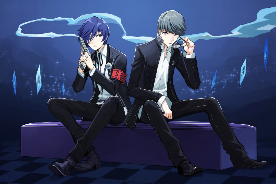 arisato_minato, armband, blue_eyes, blue_hair, card, checkered, checkered_floor, coffin, crossover, digital_media_player, evoker, floating_card, glasses, glasses_removed, grey_eyes, grey_hair, gun, holding, holding_glasses, houndstooth, male, multiple_boys, narukami_yuu, neck_ribbon, persona, persona_3, persona_4, ribbon, school_uniform, short_hair, sitting, smoke, smoking_gun, weapon, yuzukarin