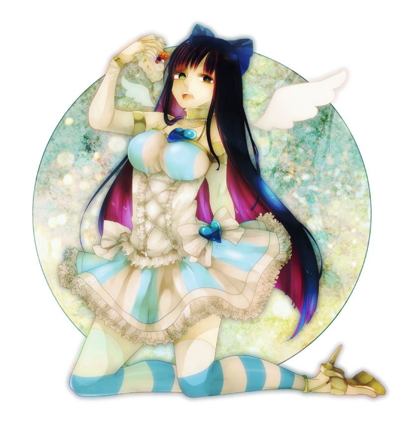 bow, cake, choker, circle, corset, detached_sleeves, dress, food, frilled_dress, frills, green_eyes, heart, high_heels, kneeling, long_hair, multicolored_hair, open_mouth, panty_&amp;_stocking_with_garterbelt, ribbon, shoes, short_dress, solo, stocking_(psg), striped, striped_legwear, sumomo_kaze, sweets, thigh-highs, thighhighs, two-tone_hair, wings, zettai_ryouiki