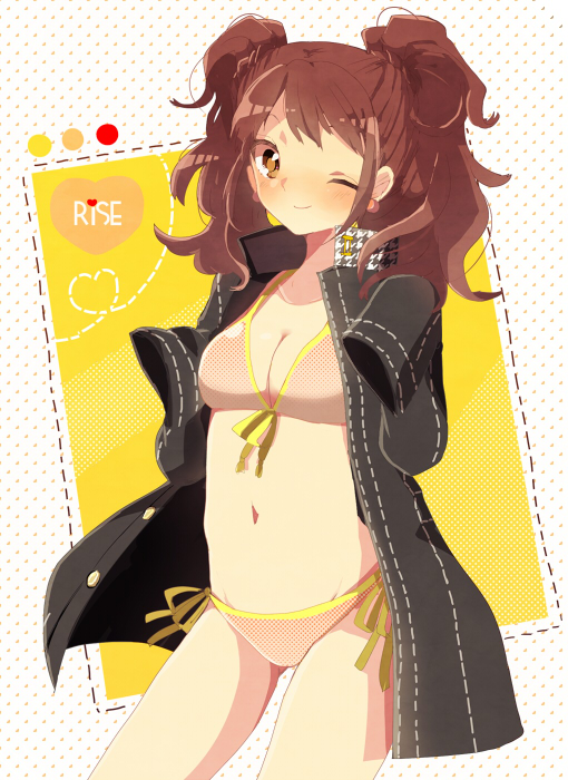 bikini, breasts, brown_hair, cleavage, earrings, front-tie_top, jacket, jewelry
