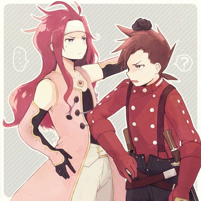 2boys, ?, belt, brown_eyes, brown_hair, coroof, frown, gloves