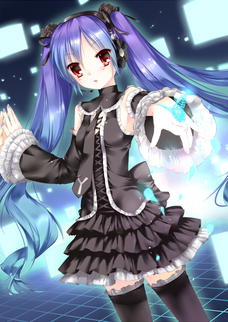 anti_the_holic_(vocaloid), detached_sleeves, dress, hatsune_miku, hatsune_miku_no_gekishou_(vocaloid), headset, infinity_(module), karase_(shell_shelter)