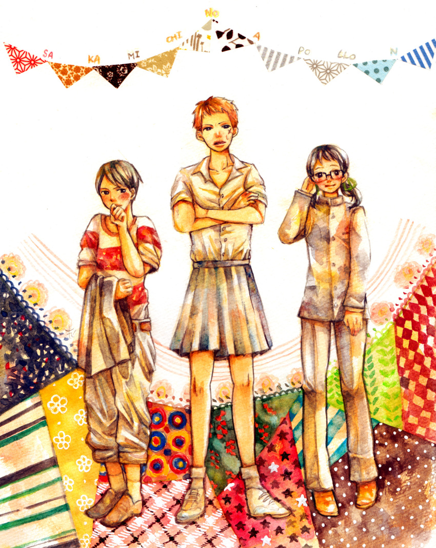bespectacled, blush, brown_hair, cosplay, costume_switch, crossdressinging, crossed_arms, glasses