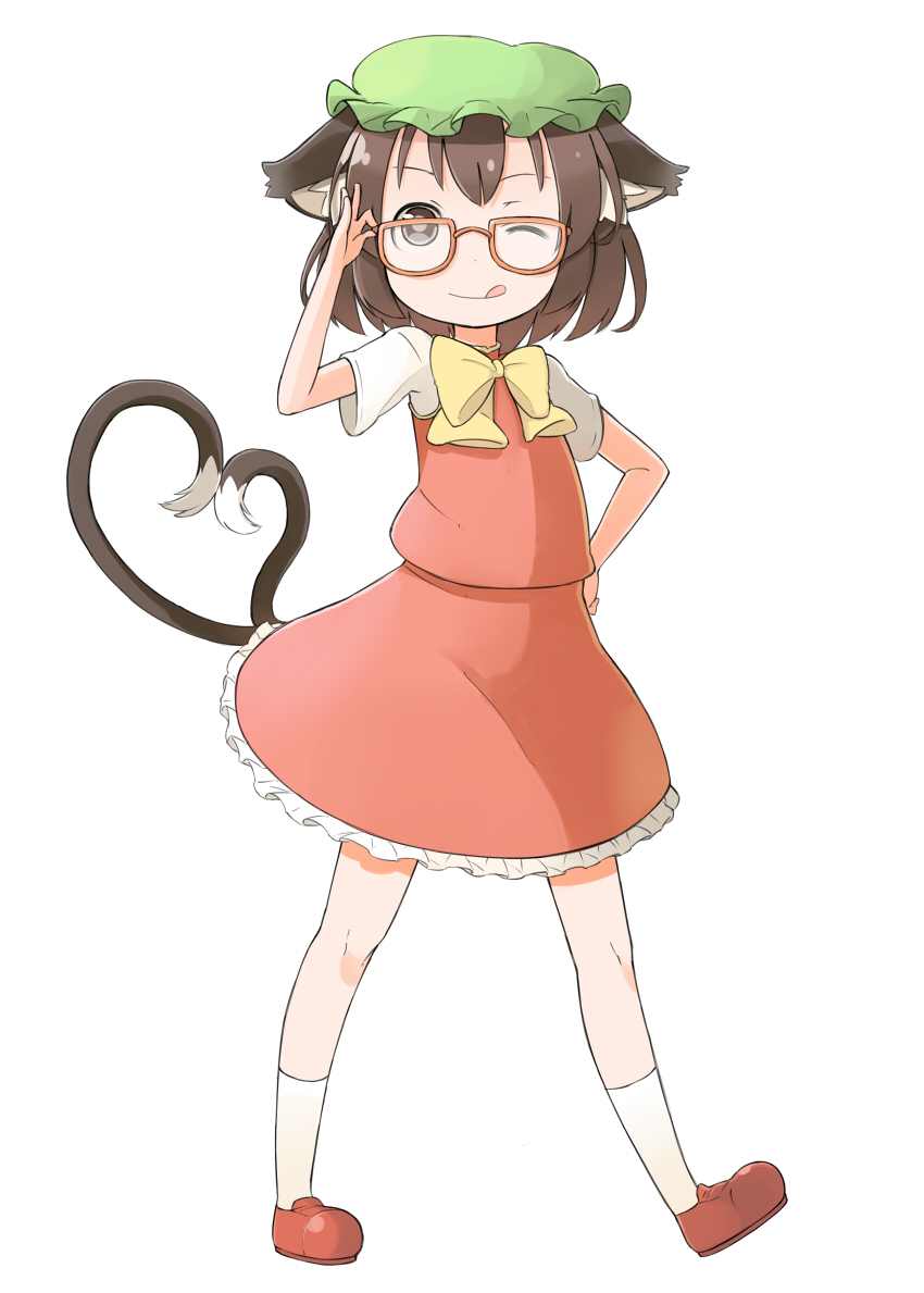 :q, animal_ears, bespectacled, cat_ears, cat_tail, chen, glasses, heart, heart_tail, multiple_tails, nakashino_setsu, solo, tail, tongue, touhou, white_background, wink