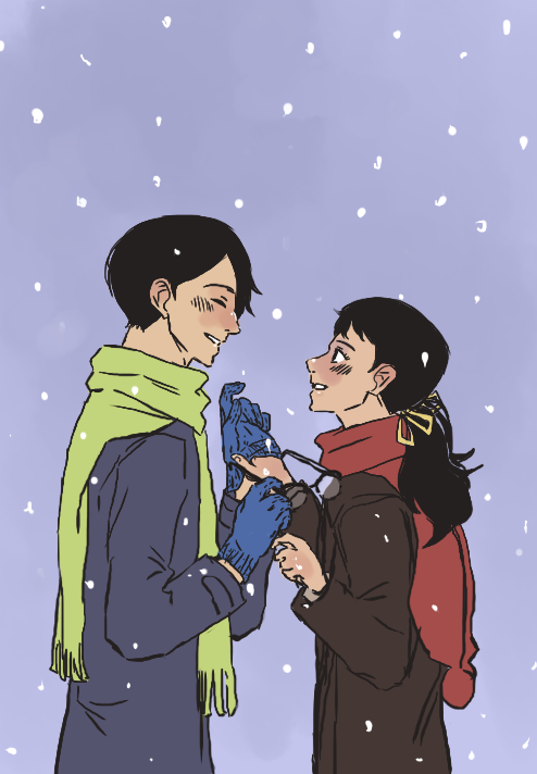 closed_eyes, eyes_closed, face-to-face, flush, glasses, glove_pull, gloves, happy