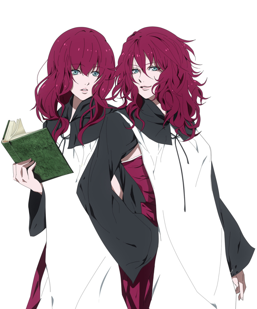 blue_eyes, book, devola, highres, multiple_girls, nier, popola, red_hair