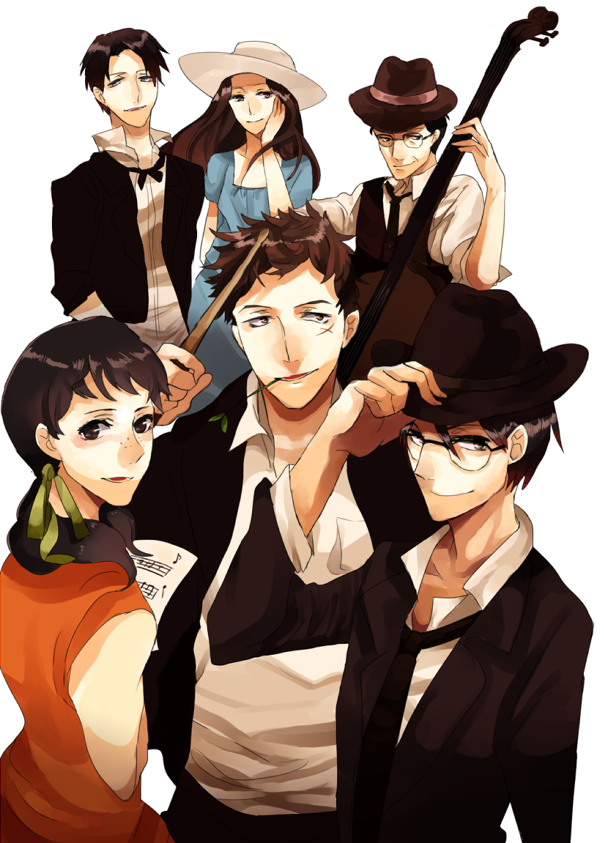 brown_hair, buraunn, double_bass, dress, drumsticks, everyone, fedora, freckles