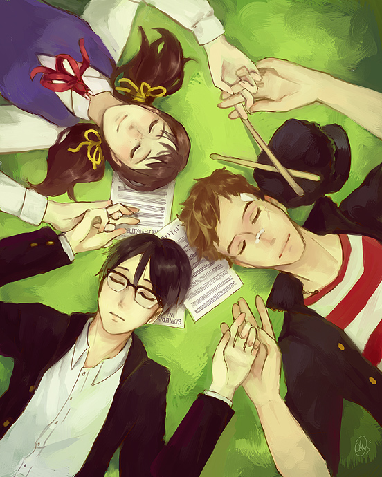 2boys, black_hair, brown_hair, cabbie_hat, choushi, circle_formation, closed_eyes, drumsticks