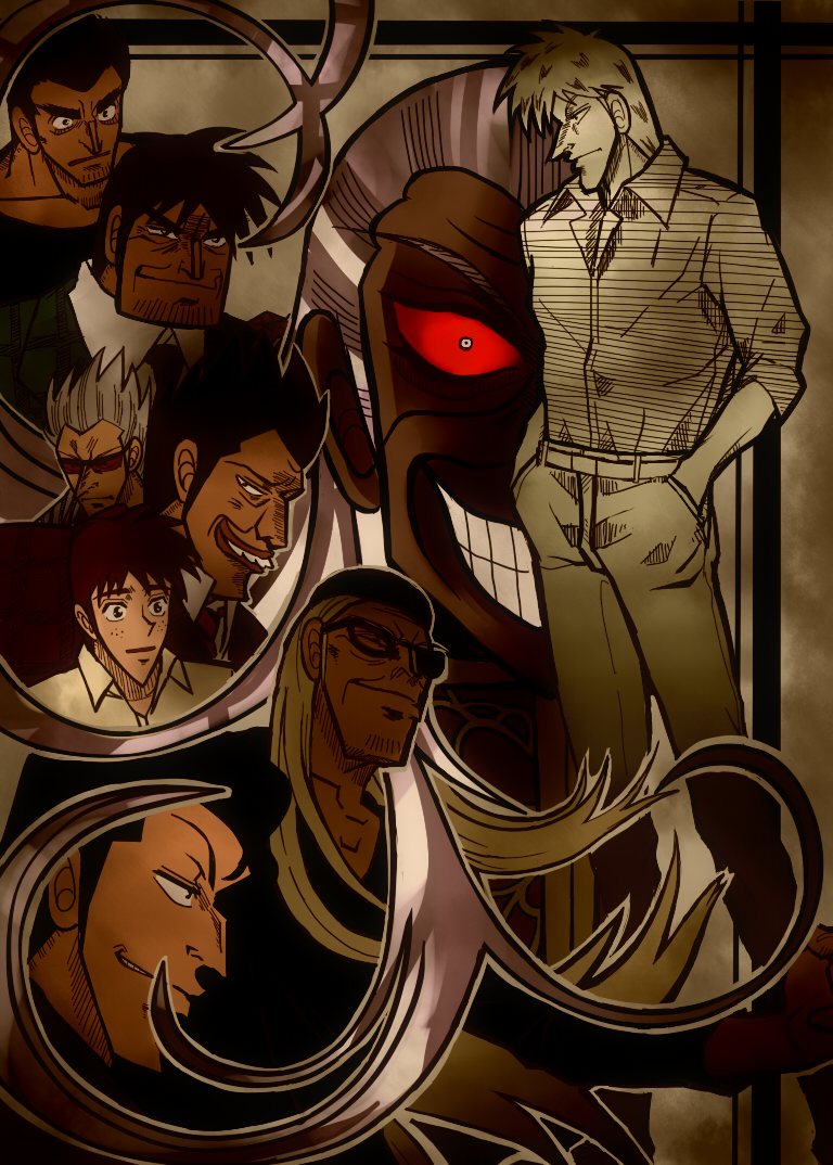 akagi_shigeru, bad_teeth, blind, epic, evil_grin, evil_smile, freckles, gb-yom, glowing, glowing_eyes, grin, hands_in_pockets, hirayama_yukio, ichikawa_(akagi), long_hair, nangou_(akagi), red_eyes, skullcap, smile, sunglasses, urabe_(akagi), washizu_iwao, white_hair, yagi_keiji, yasuoka