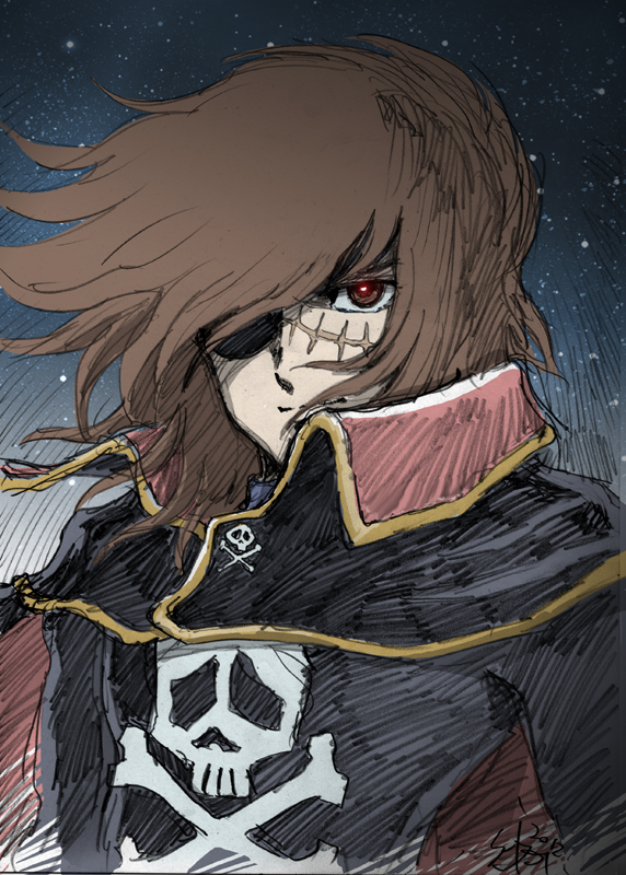 70s, 80s, brown_eyes, brown_hair, cape, face, harlock, harlock_saga
