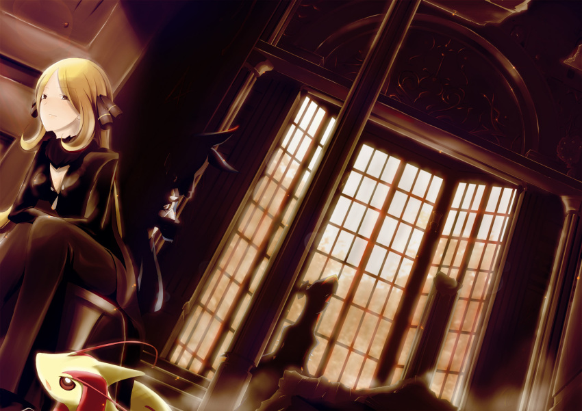 1girl, aral, blonde_hair, feather_boa, garchomp, hair_ornament, highres, long_hair, lucario, milotic, nintendo, pokemon, pokemon_(game), pokemon_dppt, shirona_(pokemon), sitting, window