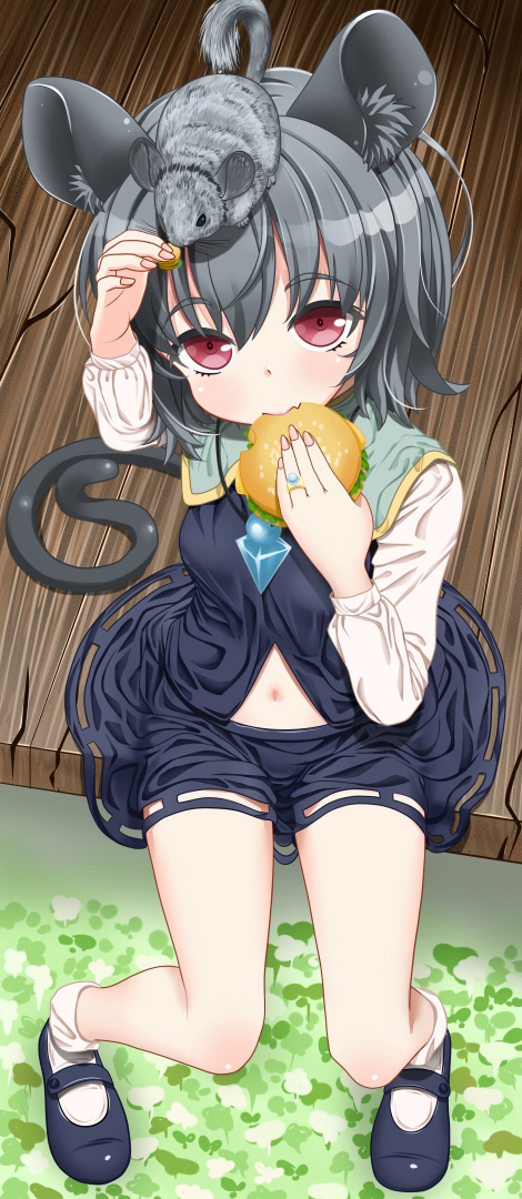 animal_ears, chinchilla_(animal), dress, eating, fang, food, grey_hair, hamburger, jewelry, mary_janes, mouse, mouse_ears, mouse_tail, navel, nazrin, oberssa, pendant, red_eyes, shoes, short_hair, sitting, skirt, socks, solo, tail, touhou, white_legwear
