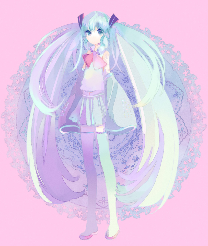 1girl, bowtie, detached_sleeves, doily, green_eyes, green_hair, hatsune_miku, highres
