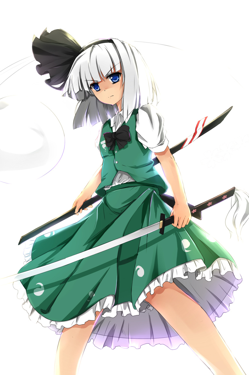 absurdres, baisi_shaonian, blue_eyes, bow, hair_ribbon, haraguroi_you, highres, katana