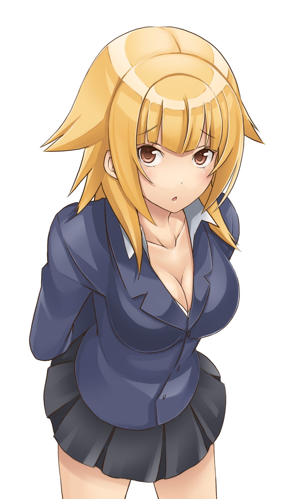 arms_behind_back, blonde_hair, breasts, brown_eyes, cleavage, close-up, highres, hitomi_(minami-ke), leaning, minami-ke, mo-fu, school_uniform, solo