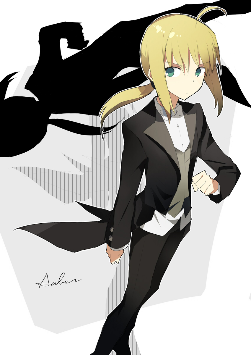 bad_id, blonde_hair, blue_eyes, bowtie, character_name, fate/zero, fate_(series), formal