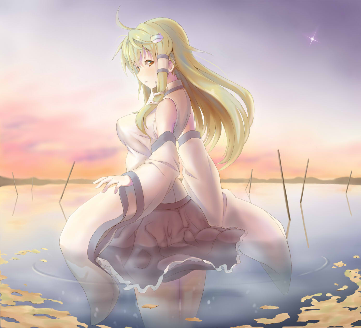 ahoge, bare_shoulders, breasts, brown_eyes, detached_sleeves, frog_hair_ornament, green_hair, hair_ornament