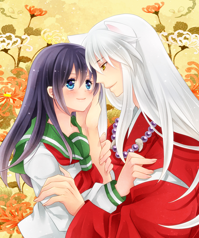 1girl, alternate_eye_color, animal_ears, bad_id, black_hair, blue_eyes, couple, dog_ears, eye_contact, flower, hand_on_another's_face, hand_on_another's_face, higurashi_kagome, inuyasha, inuyasha_(character), japanese_clothes, jewelry, kuzukiri5, long_hair, looking_at_another, necklace, pearl, school_uniform, serafuku, smile, spider_lily, touching, white_hair, yellow_eyes