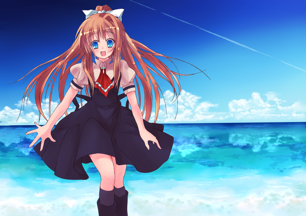 air, ascot, black_legwear, blonde_hair, blue_eyes, boots, bow, cloud