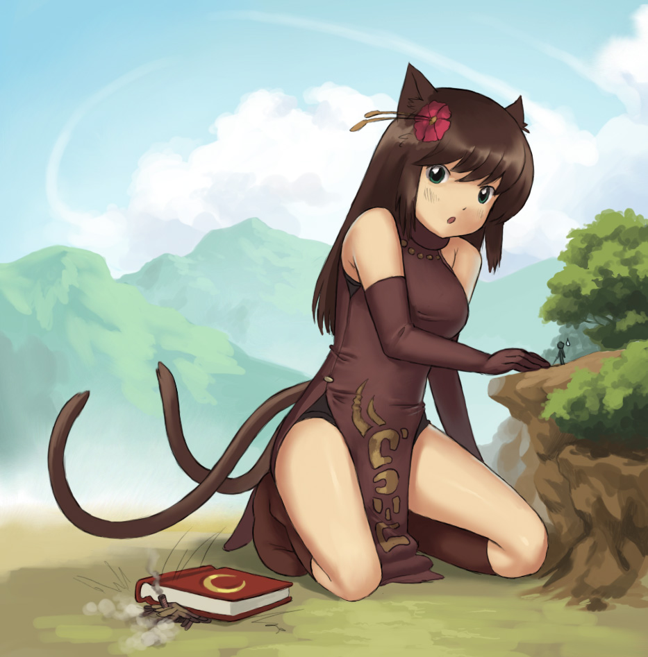 1girl, :o, accident, animal_ears, ankle_boots, bare_shoulders, blush, book
