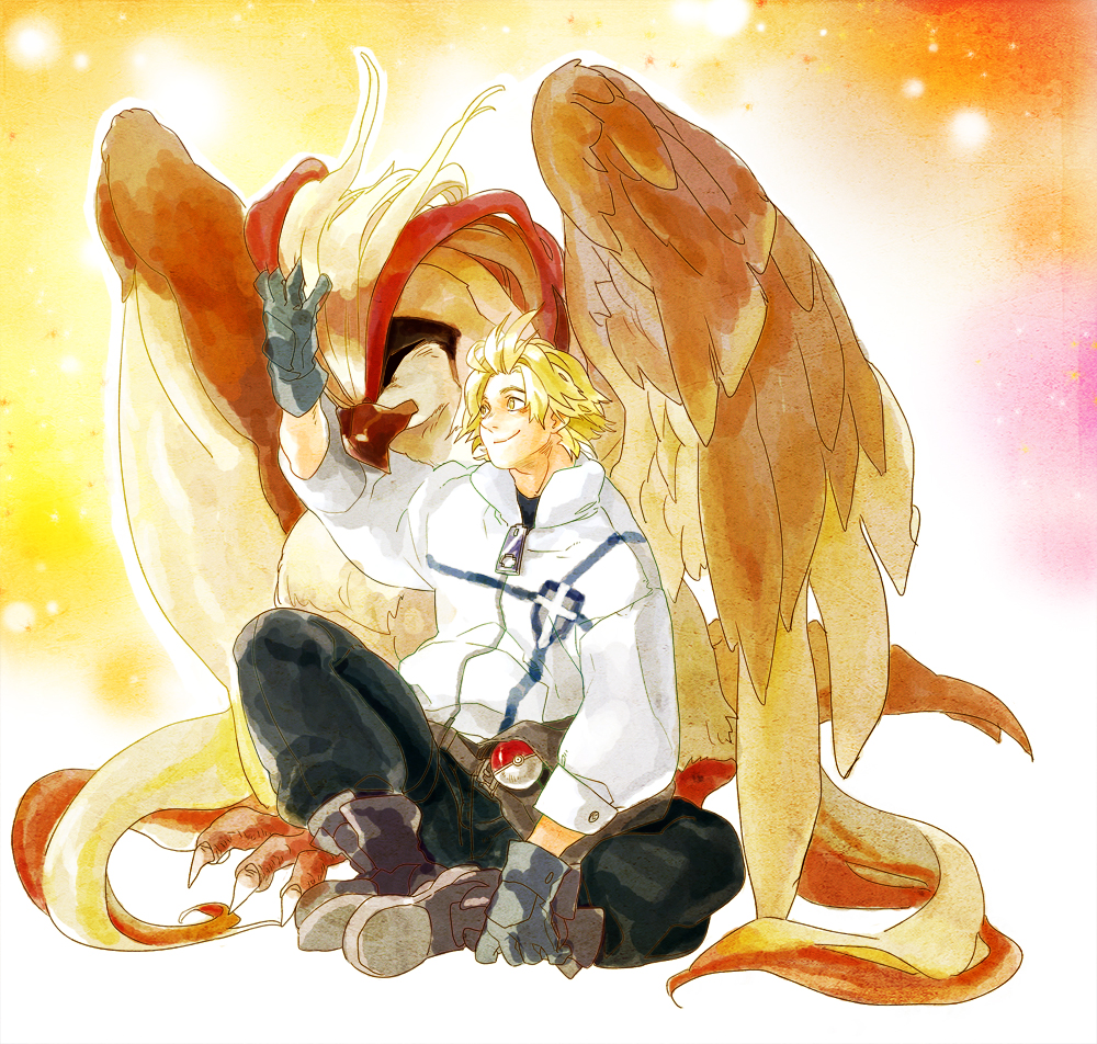 bag, beak, bird, blonde_hair, crossover, eukane, eyeshield_21, gloves, male, pat, pidgeot, poke_ball, pokemon, sakuraba_haruto, sitting, smile, wings, yellow_eyes, zipper